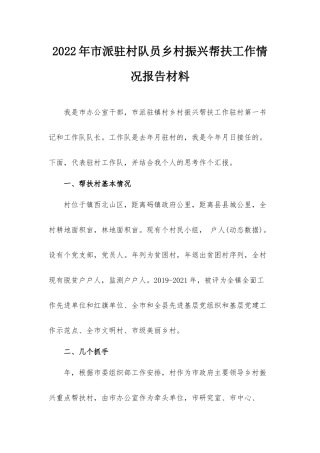 2022年市派驻村队员乡村振兴帮扶工作情况报告材料.docx