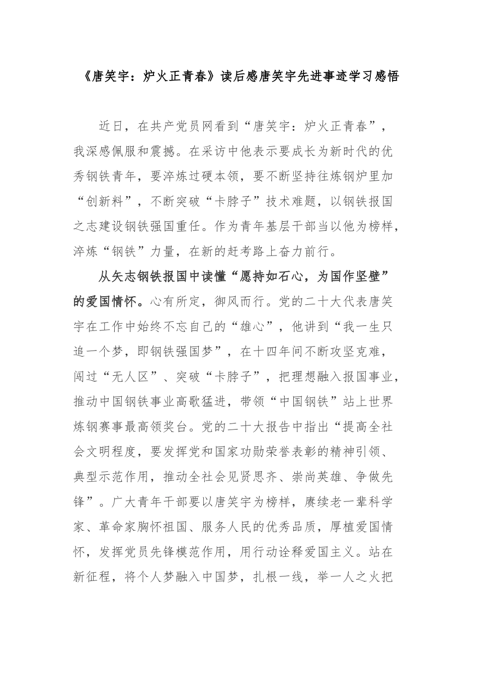 《唐笑宇：炉火正青春》读后感唐笑宇先进事迹学习感悟2篇.docx_第1页