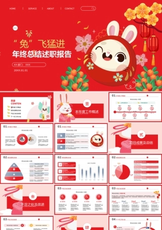 兔年主题红色年终总结述职报告PPT模板.pptx