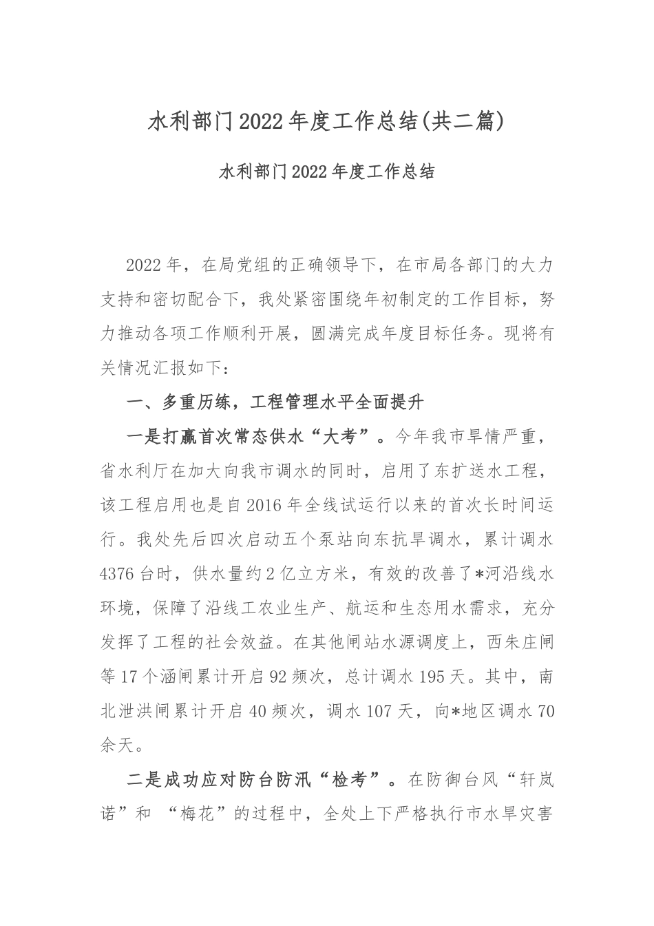 水利部门2022年度工作总结(共二篇).docx_第1页