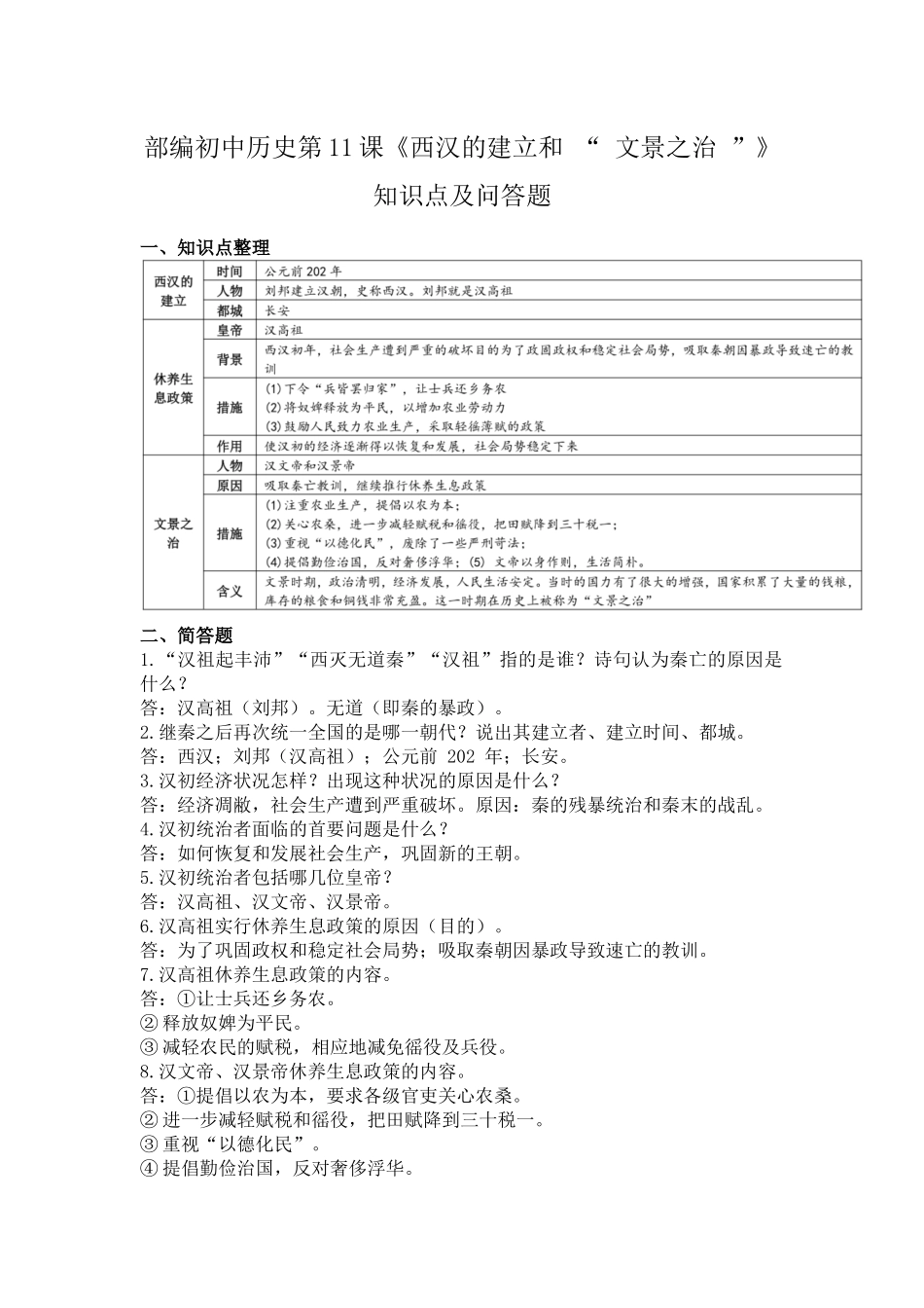 部编初中历史第11课《西汉的建立和 “ 文景之治 ”》知识点及问答题.docx_第1页
