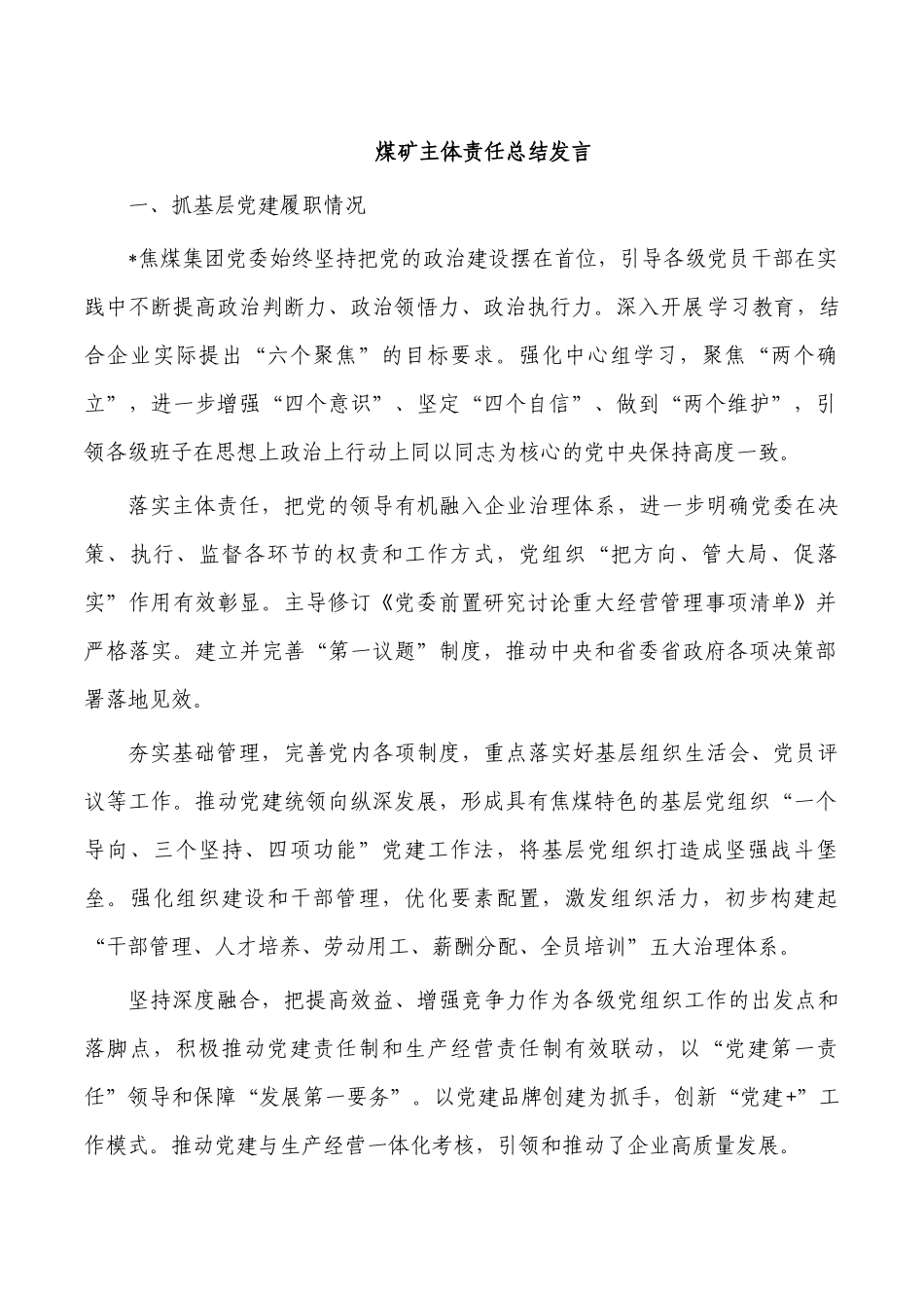 煤矿主体责任总结发言.docx_第1页