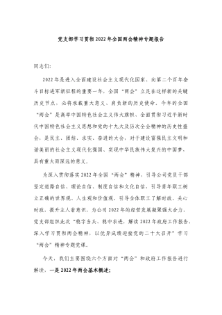 党支部学习贯彻2022年全国两会精神专题报告讲稿.docx