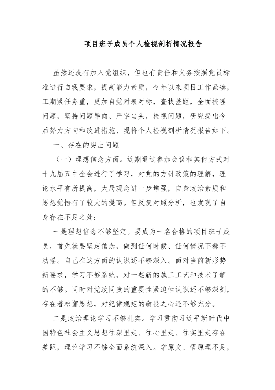 项目班子成员个人检视剖析情况报告.docx_第1页
