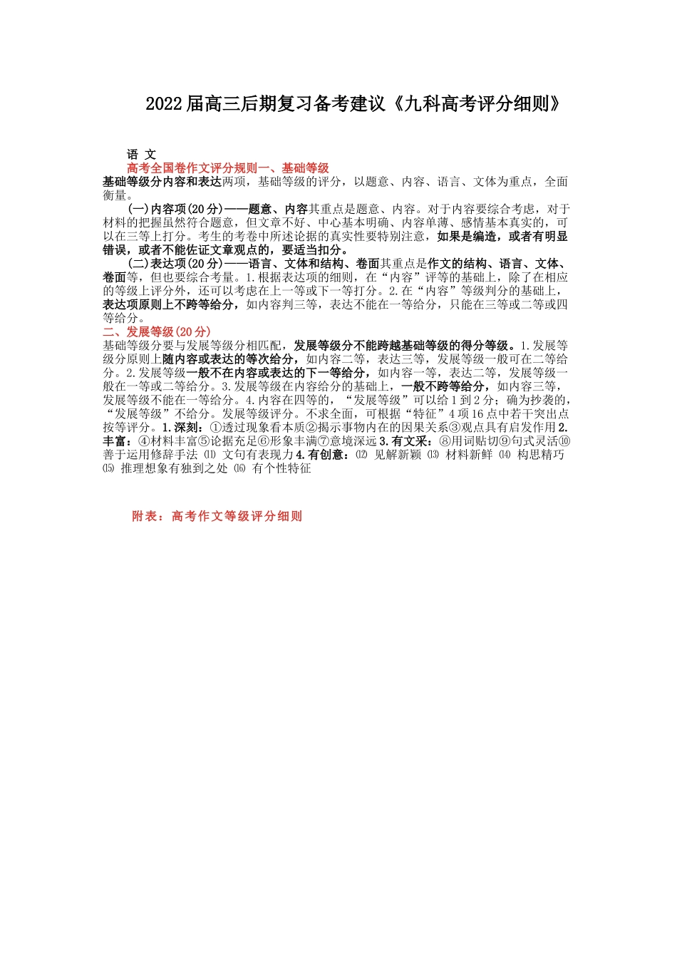 2022届高三后期复习备考建议《九科高考科目评分细则》.docx_第1页