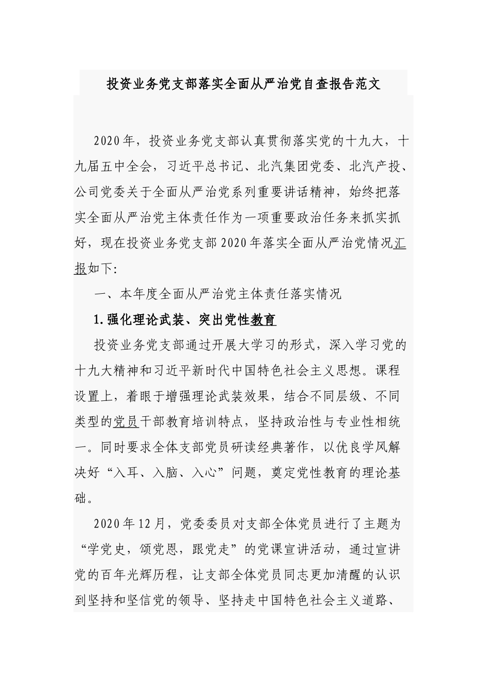 投资业务党支部落实全面从严治党自查报告范文.docx_第1页