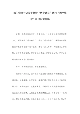 部门党组书记关于拥护“两个确立”践行“两个维护”研讨发言材料.docx