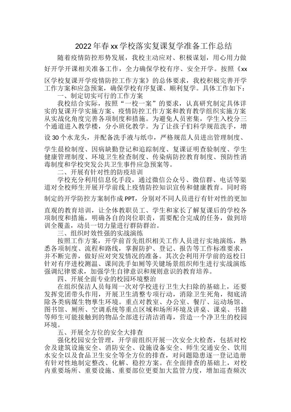 2022年春xx学校落实复课复学准备工作总结.docx_第1页