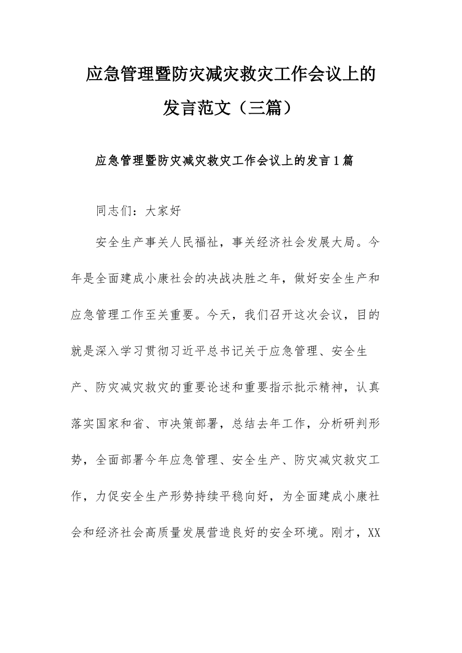 应急管理暨防灾减灾救灾工作会议上的发言范文（三篇）.docx_第1页
