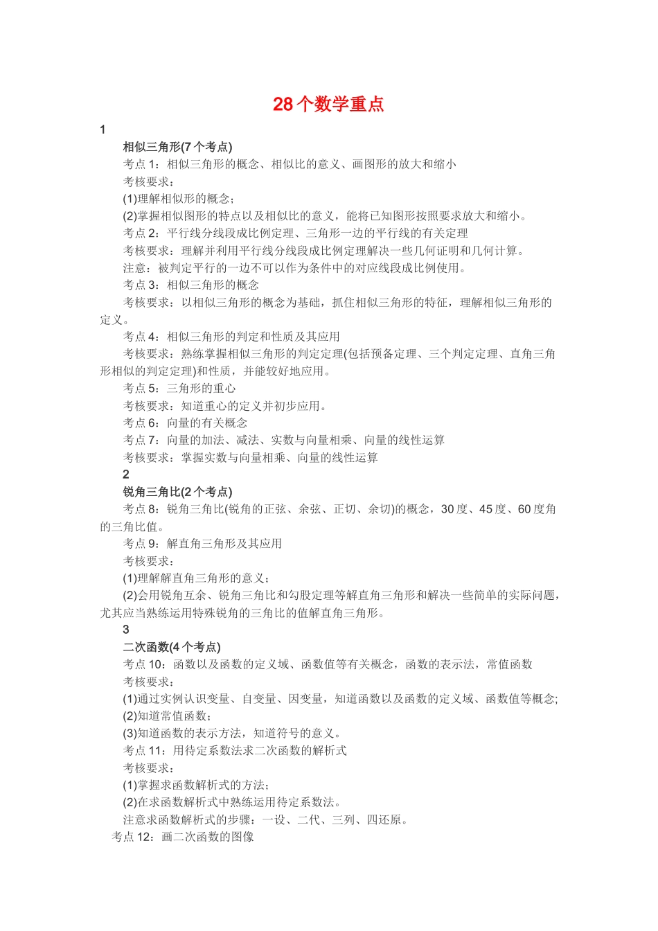 中考数学必须掌握的28个数学重点以及60个易错点.docx_第1页