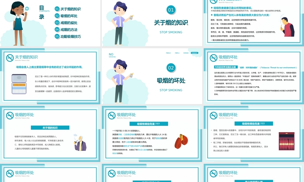 青绿卡通风世界无烟日珍爱生命拒绝香烟禁烟教育宣传PPT模板.ppt