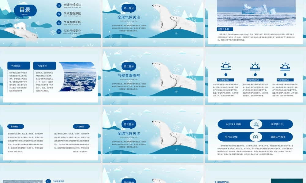 世界气象日关注气候变化北极熊日环保蓝色扁平插画PPT模板.pptx