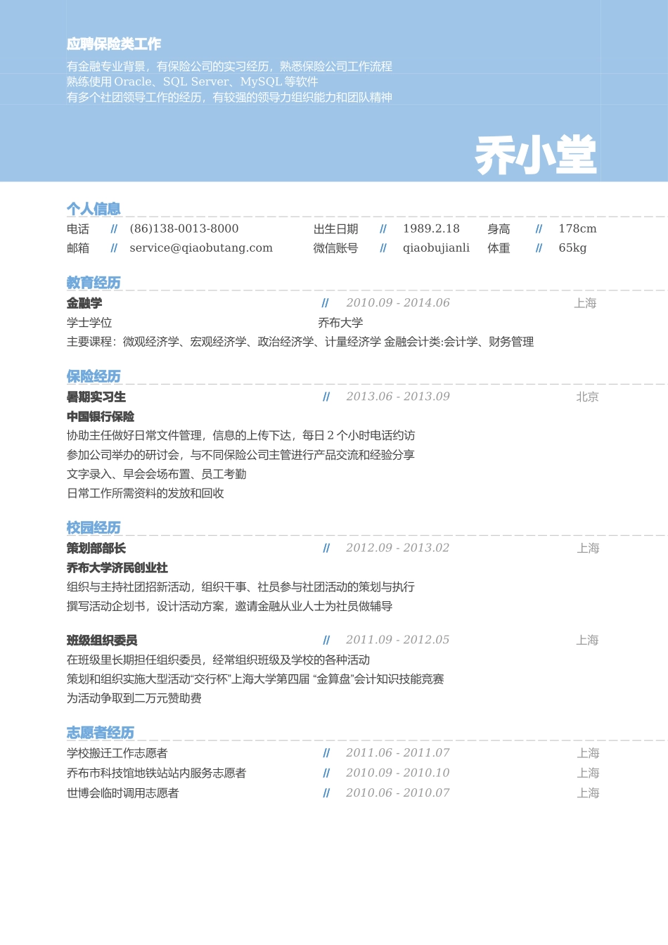 保险初级岗位简历模板（内勤管理外勤）.doc_第1页