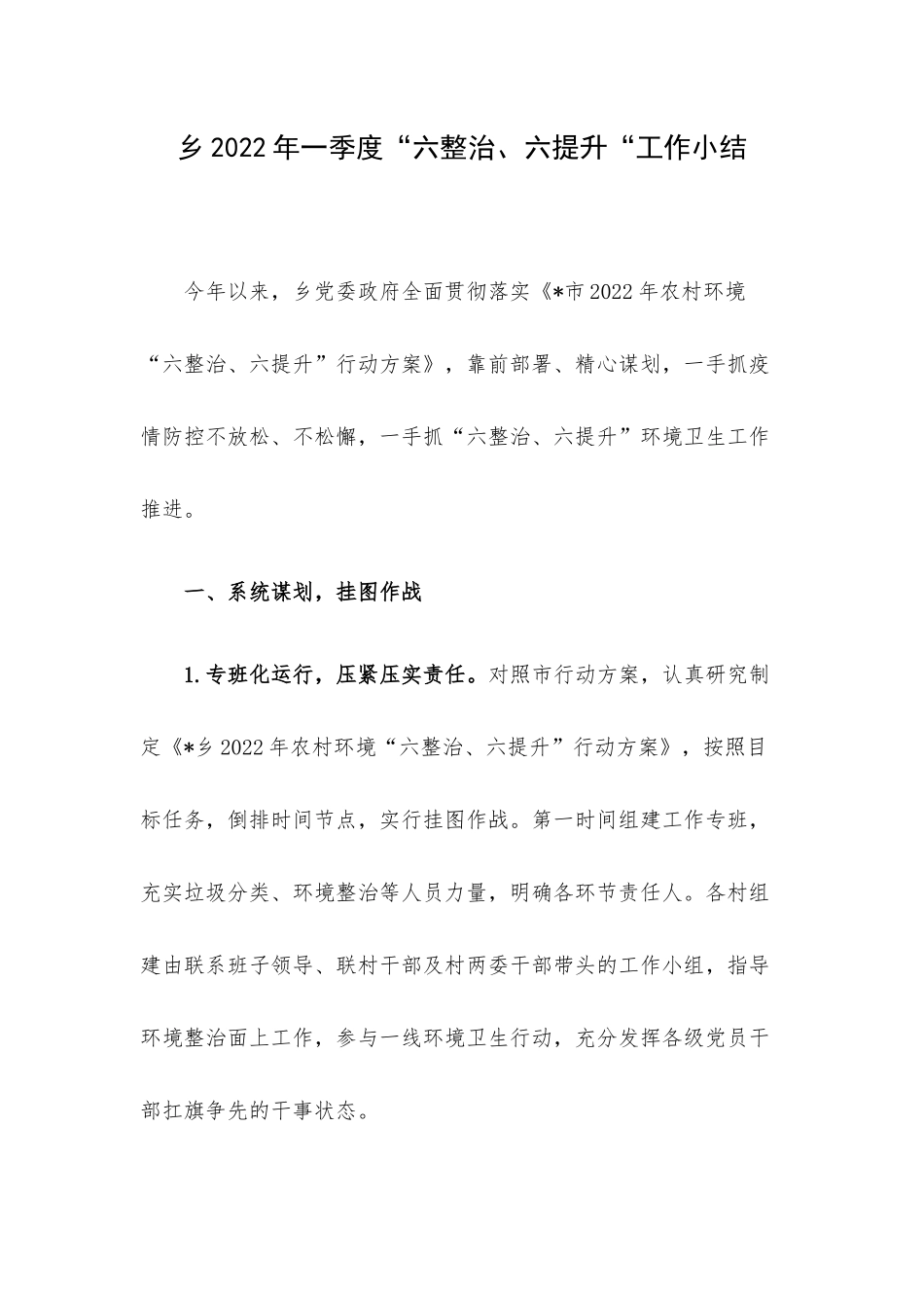 乡2022年一季度“六整治、六提升“工作小结.docx_第1页