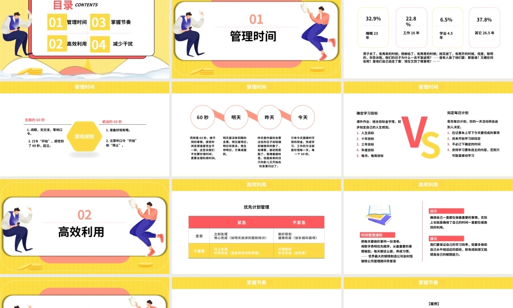 粉黄撞色管理时间提高效率PPT模板.pptx