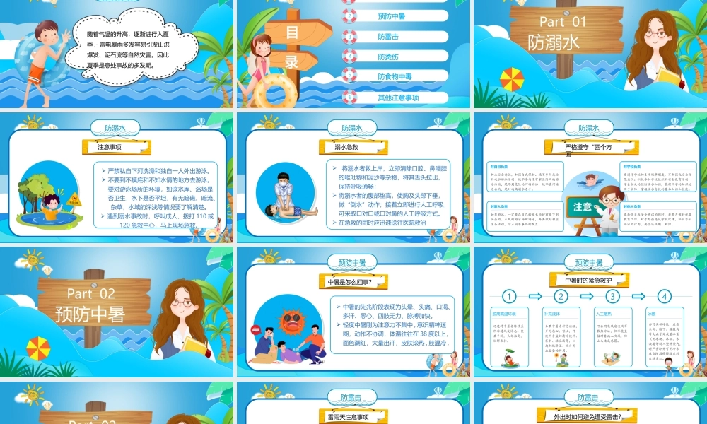 XX学校夏季安全教育PPT防溺水防雷击防中暑防食物中毒课件（带内容）.ppt