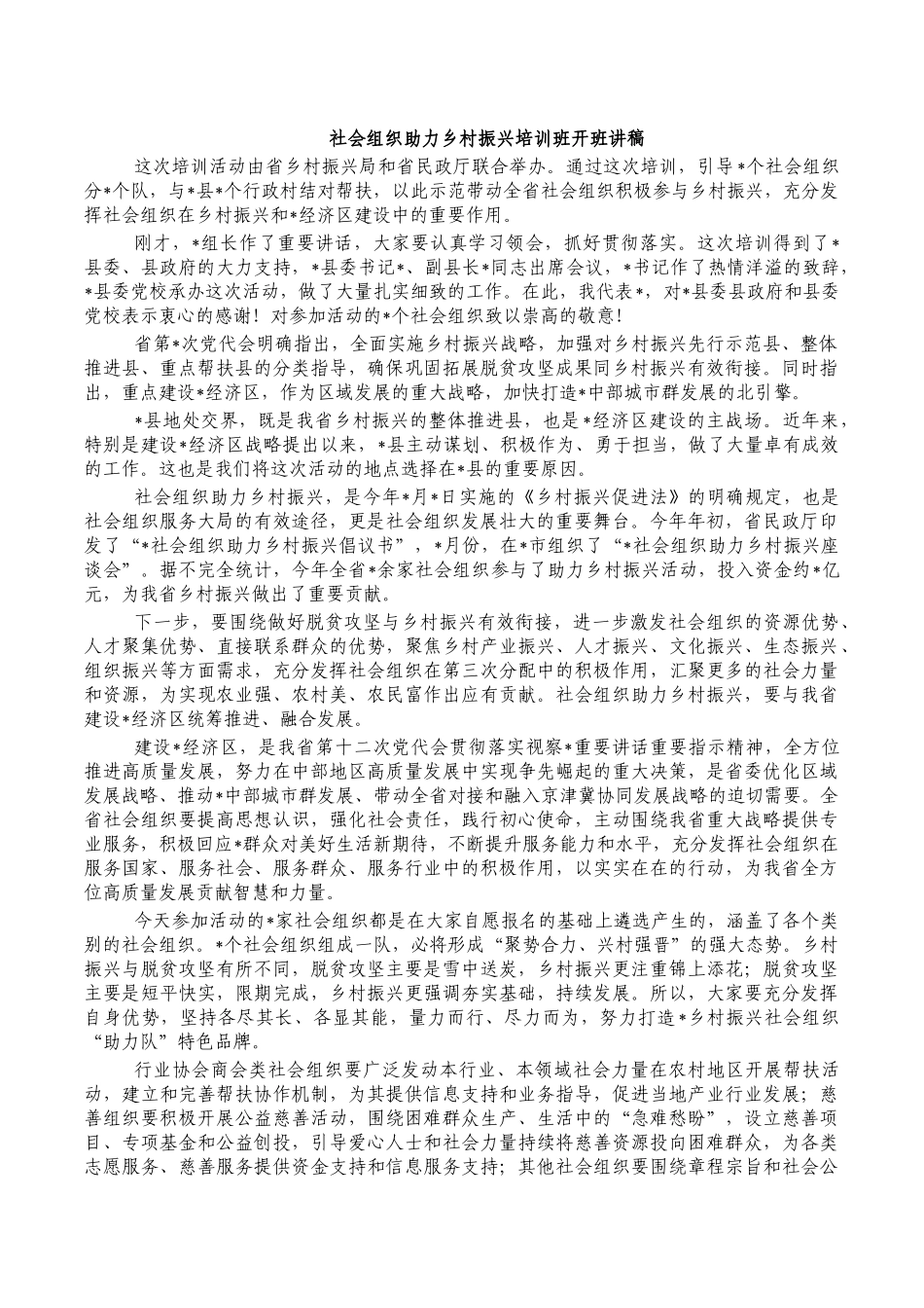 社会组织助力乡村振兴培训班开班讲稿.docx_第1页