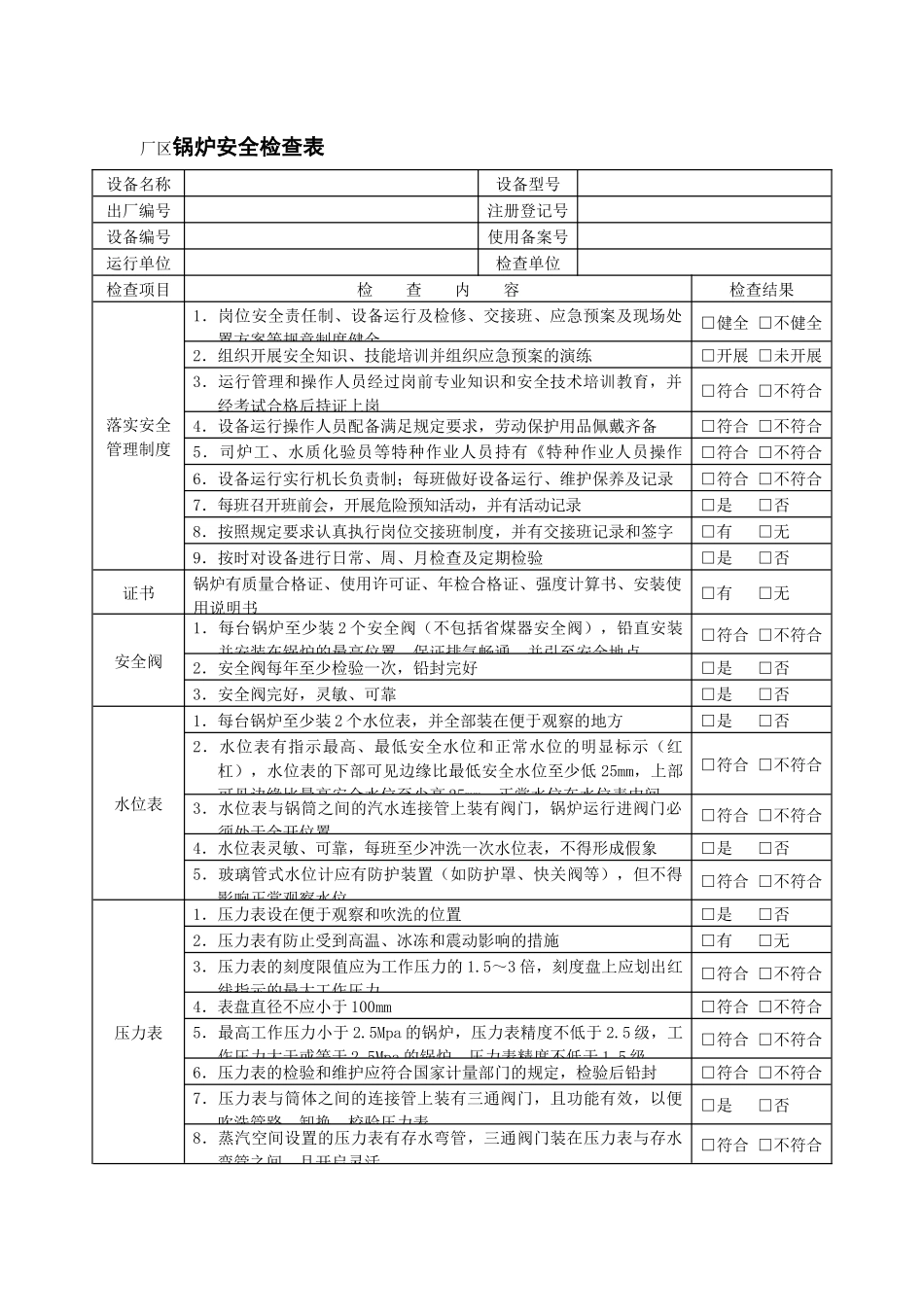 厂区锅炉安全检查表.docx_第1页