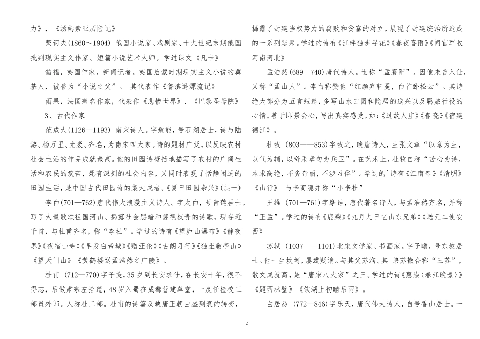 汇编最新2022-2023小升初语文文学常识知识大全总结归纳专项练习试题及答案（作家作品篇）.doc_第2页