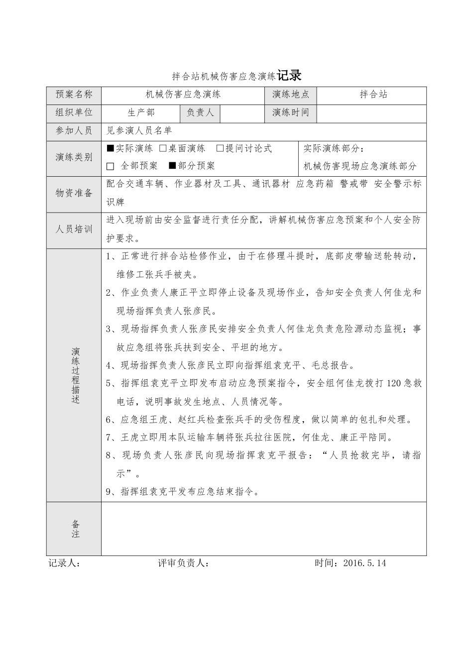 拌合站机械伤害应急演练记录.docx_第1页