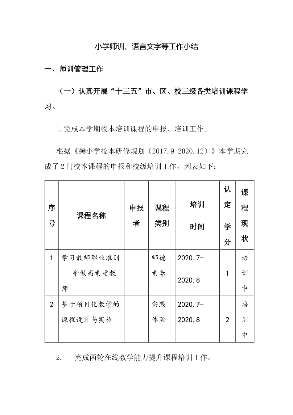 小学师训、语言文字等工作总结.docx_第1页