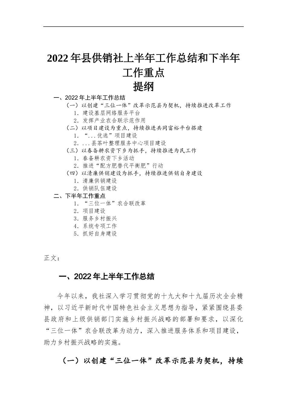 2022年供销社上半年工作总结和下半年工作重点.docx_第1页
