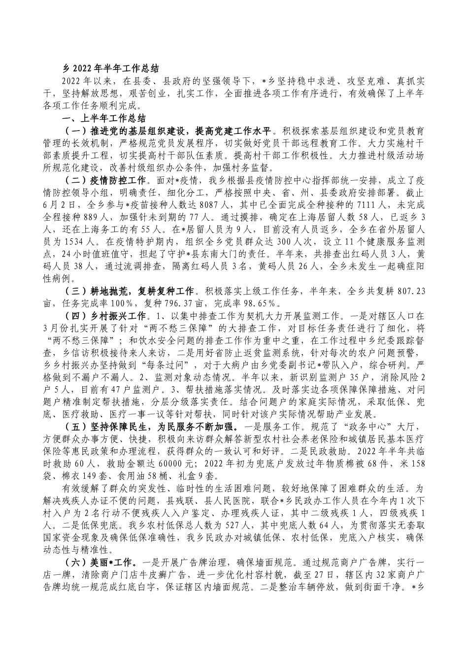 乡2022年半年工作总结.docx_第1页