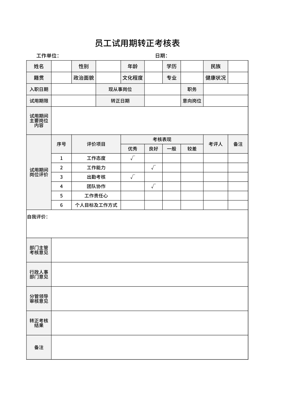员工试用期转正考核表.xlsx_第1页