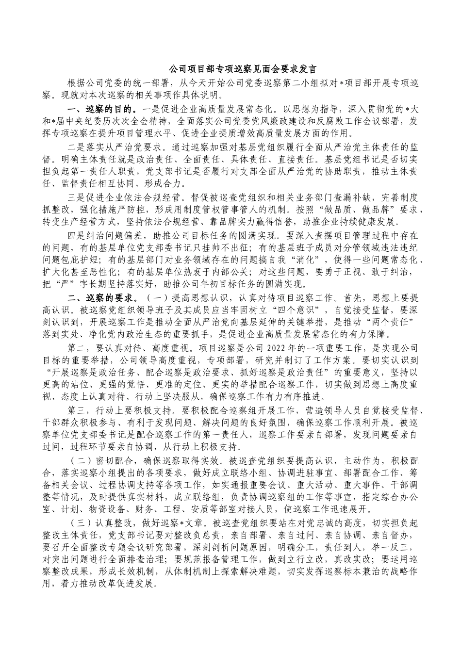 公司项目部专项巡察见面会要求发言.docx_第1页