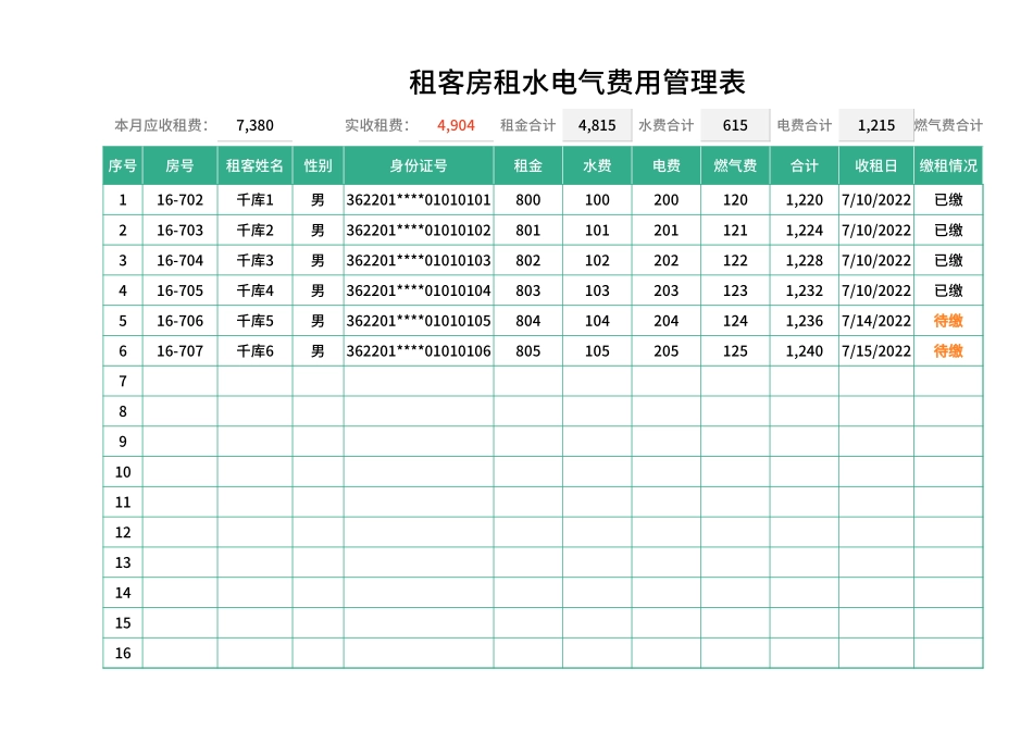 租客房租水电气费用管理表Excel模板.xlsx_第1页
