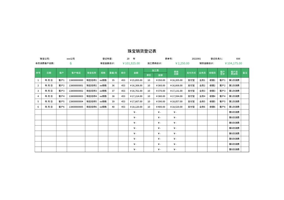 珠宝销货登记表Excel模板.xlsx_第1页