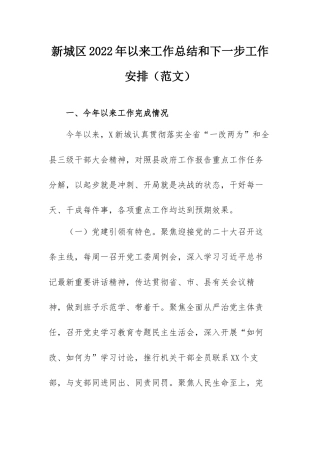 新城区2022年以来工作总结和下一步工作安排（范文）.docx