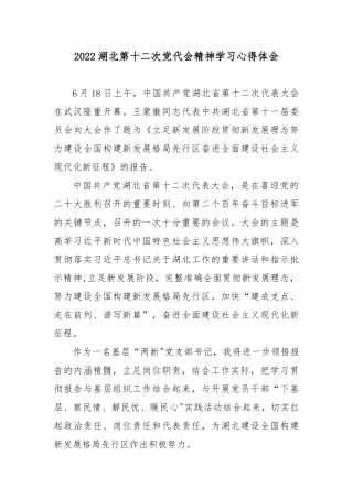 2022湖北第十二次党代会精神学习心得体会7篇.docx