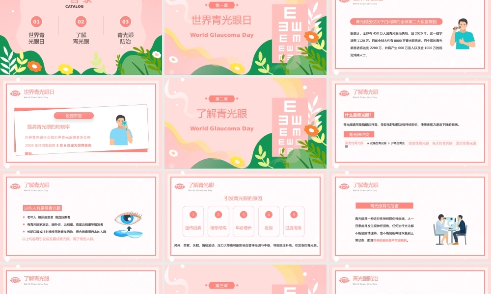 粉色卡通风世界青光眼日视力保护教育宣传PPT模板.pptx