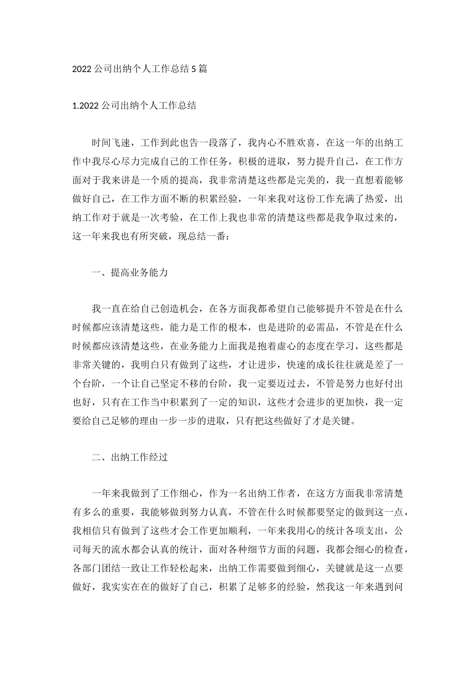 2022公司出纳个人工作总结5篇.docx_第1页