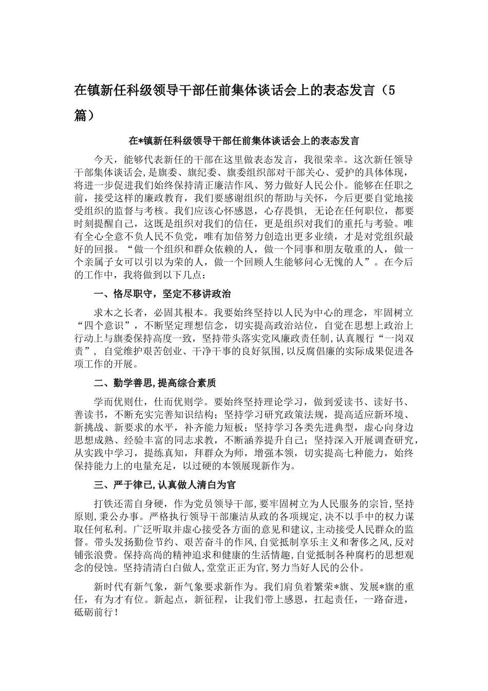 5篇在镇新任科级领导干部任前集体谈话会上的表态发言.docx_第1页