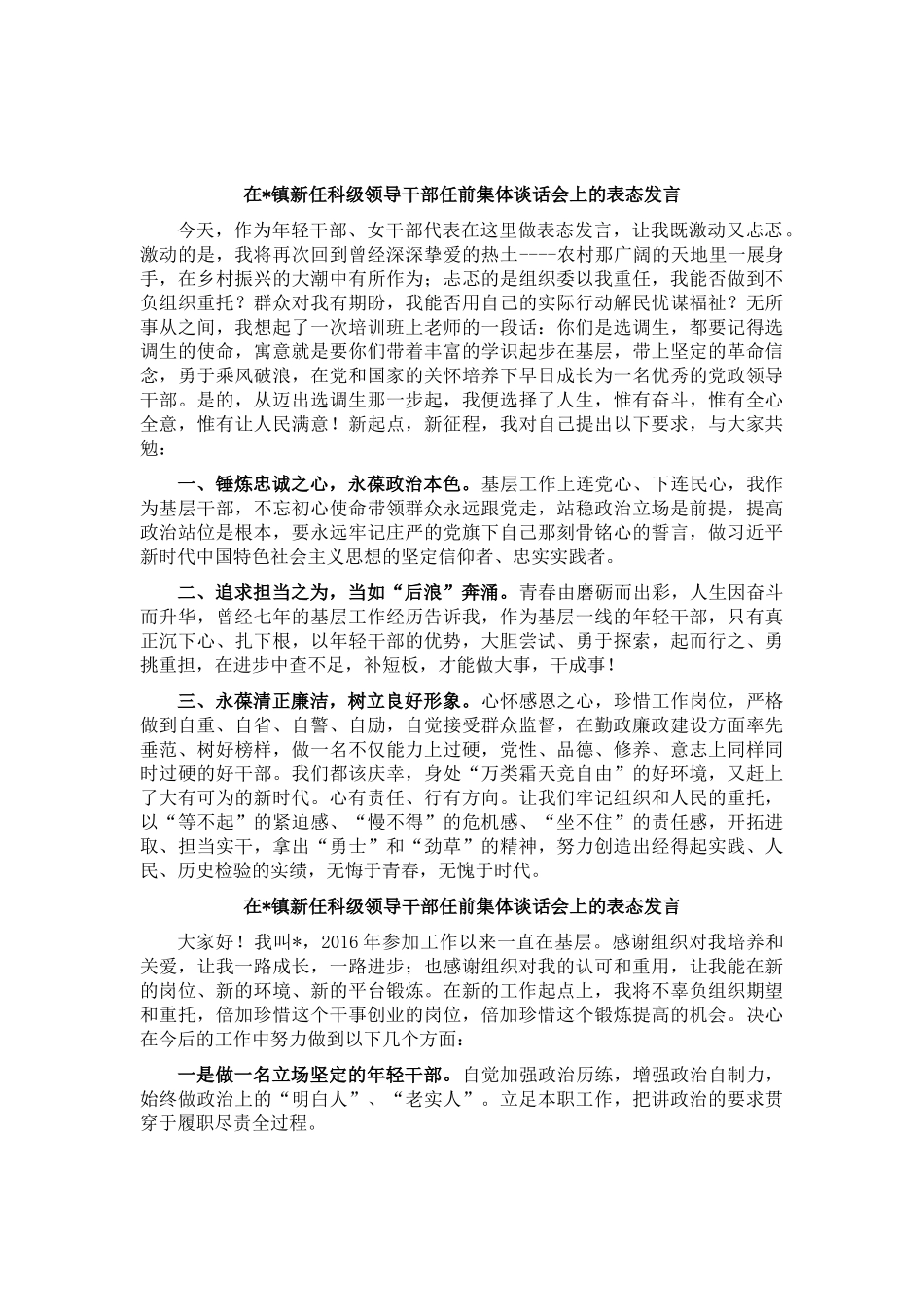 5篇在镇新任科级领导干部任前集体谈话会上的表态发言.docx_第2页