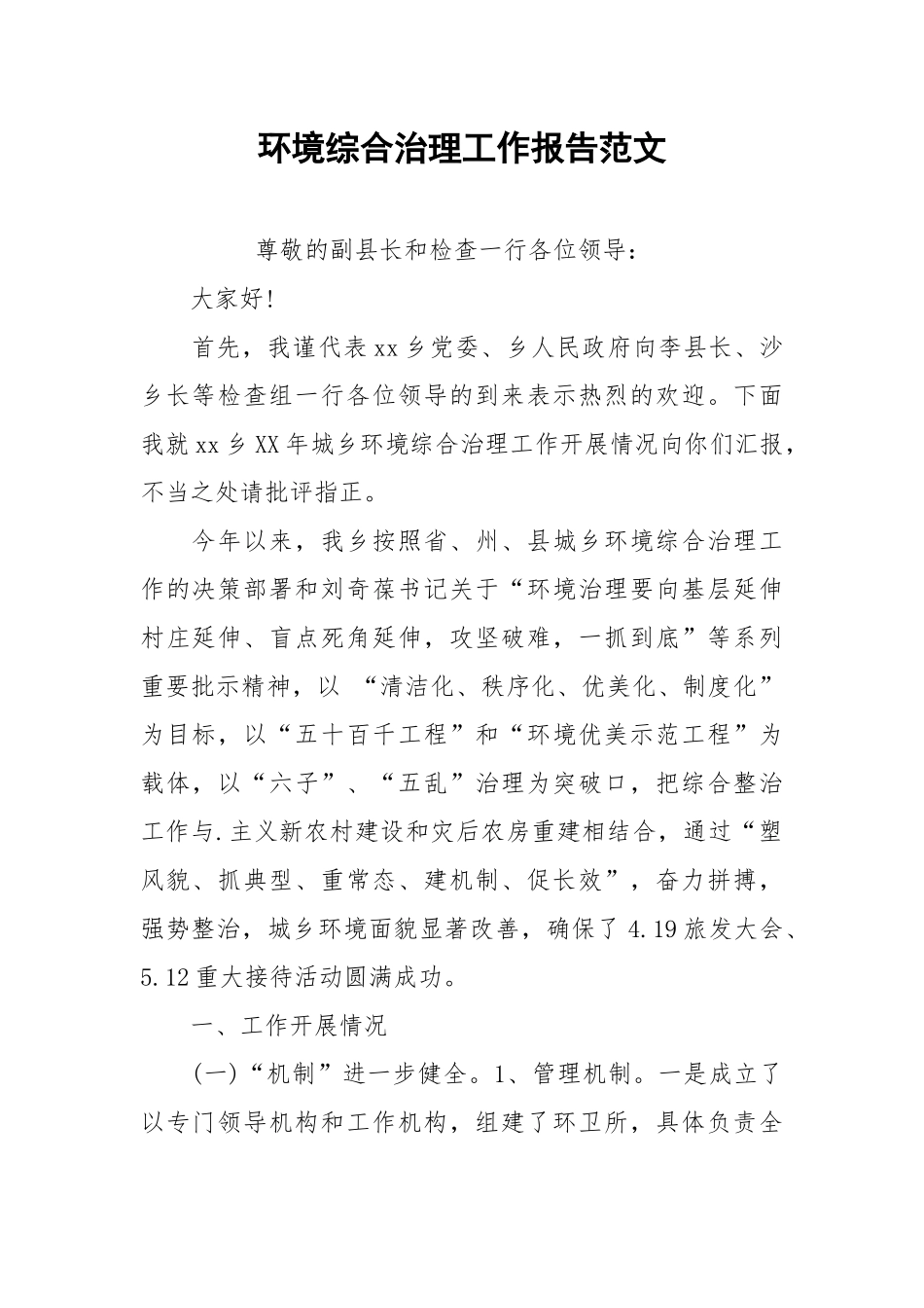 2021环境综合治理工作报告范文.docx_第1页
