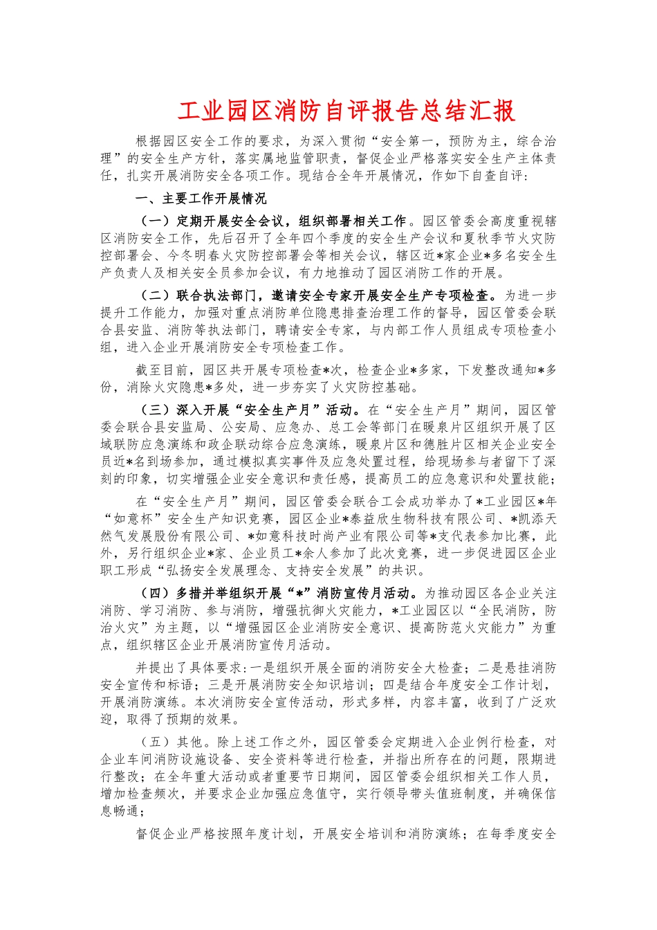 工业园区消防自评报告总结汇报.docx_第1页