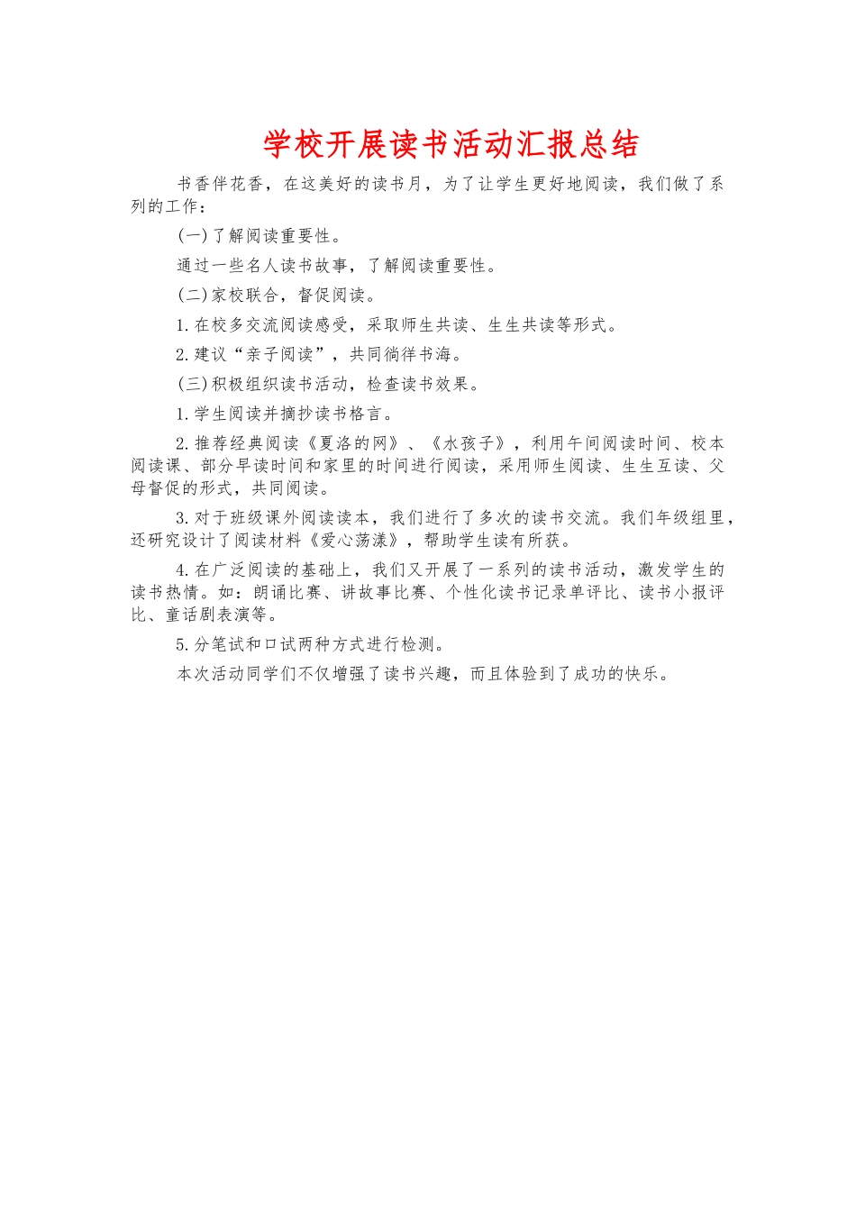 学校开展读书活动汇报总结.docx_第1页