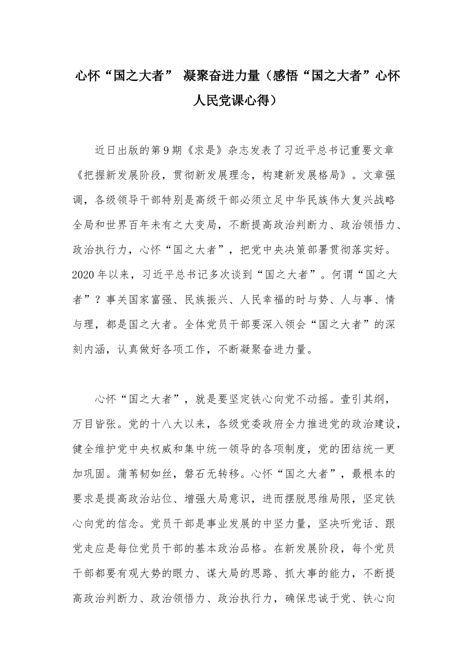 心怀“国之大者” 凝聚奋进力量（感悟“国之大者”心怀人民党课心得）.docx_第1页