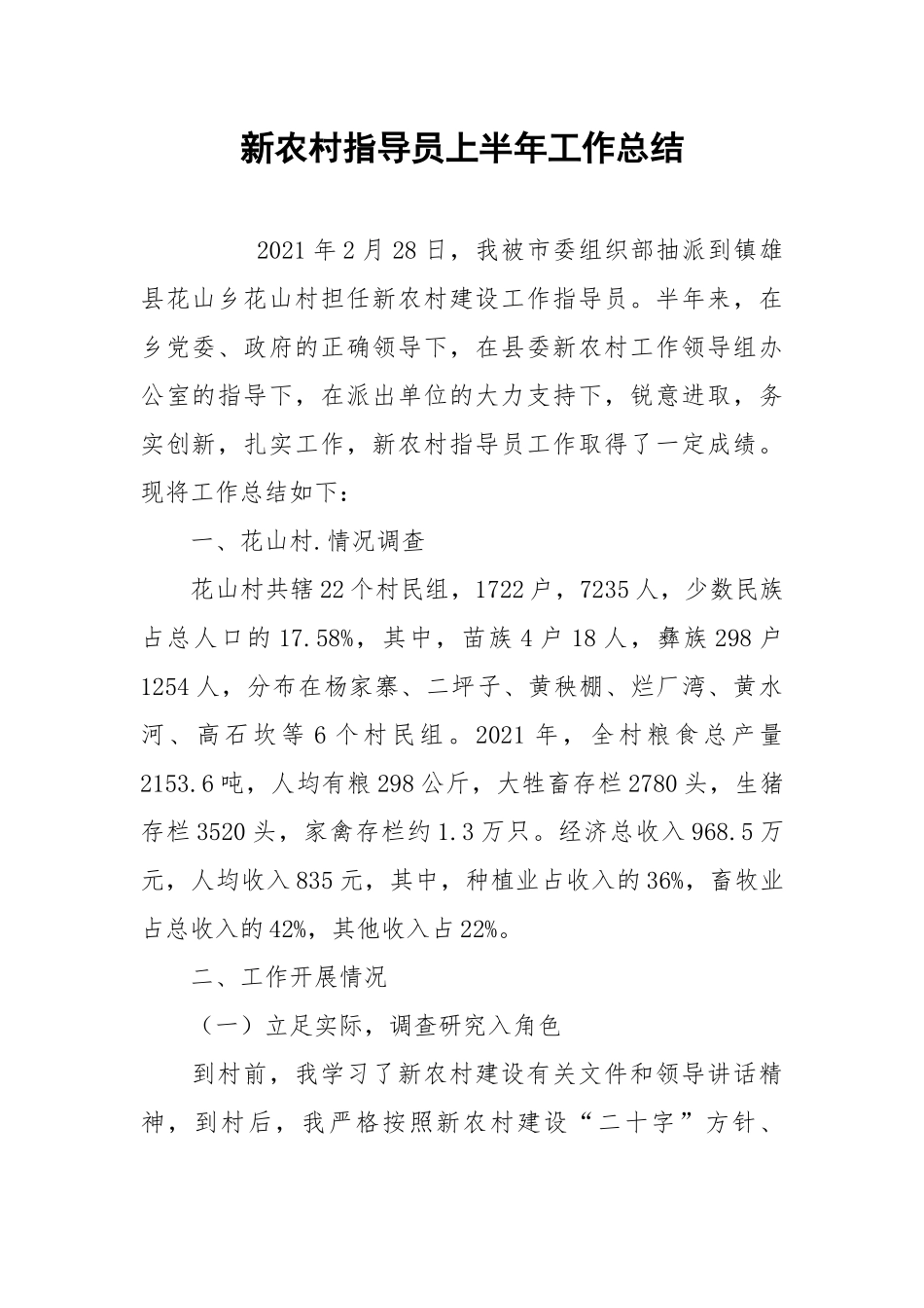2021新农村指导员上半年工作总结.docx_第1页