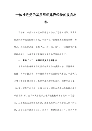 一体推进党的基层组织建设经验的发言材料.docx
