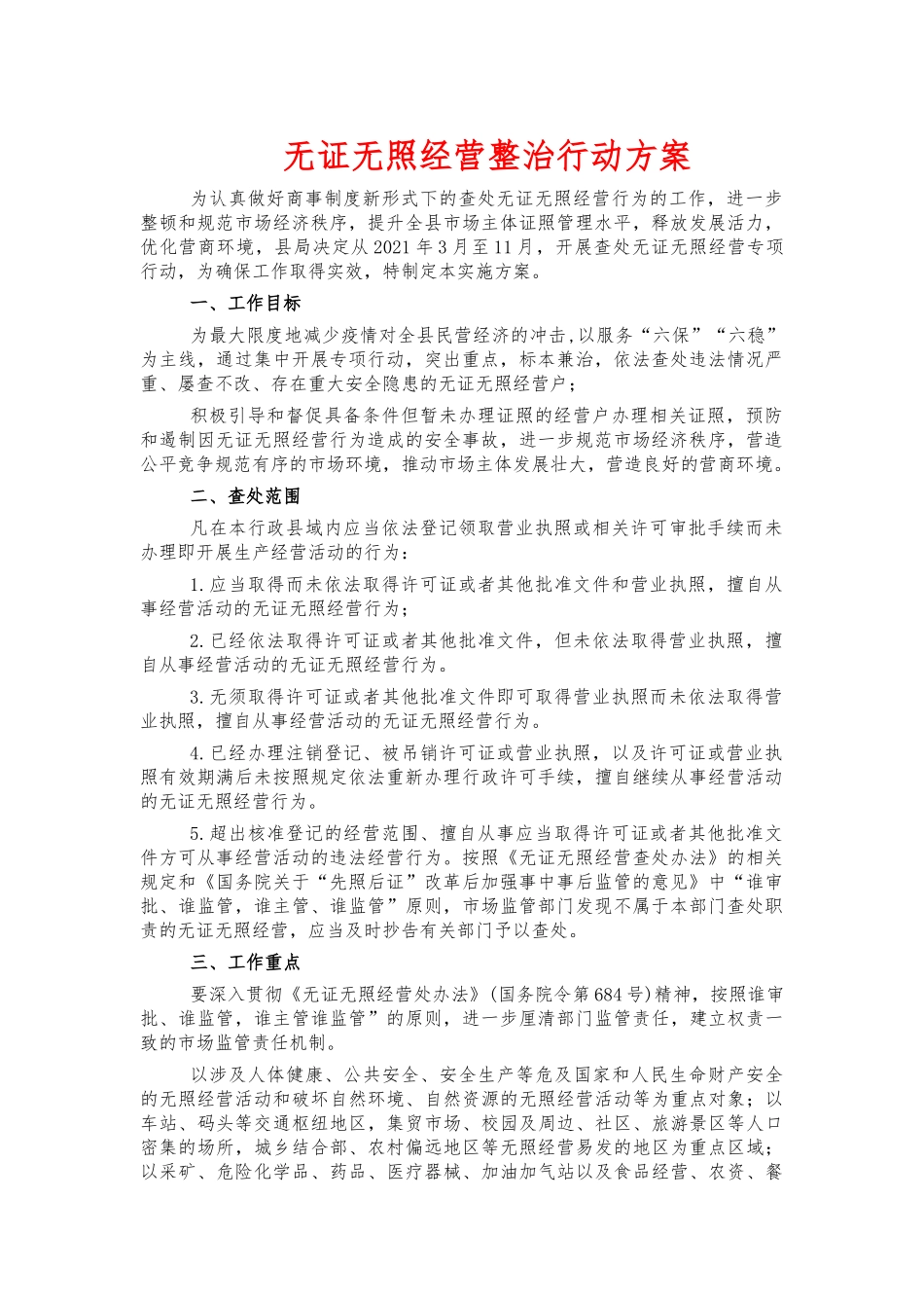 无证无照经营整治行动方案.docx_第1页