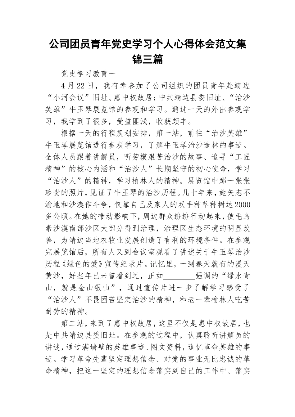 公司团员青年党史学习个人心得体会范文集锦三篇.doc_第1页