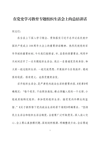 在党史学习教育专题组织生活会上的总结讲话及个人对照检查材料各一篇.doc