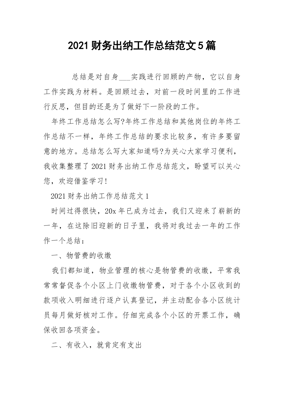 2021财务出纳工作总结范文5篇.docx_第1页