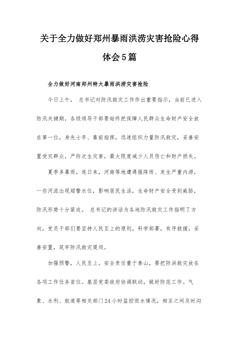 关于全力做好郑州暴雨洪涝灾害抢险心得体会5篇.docx_第1页