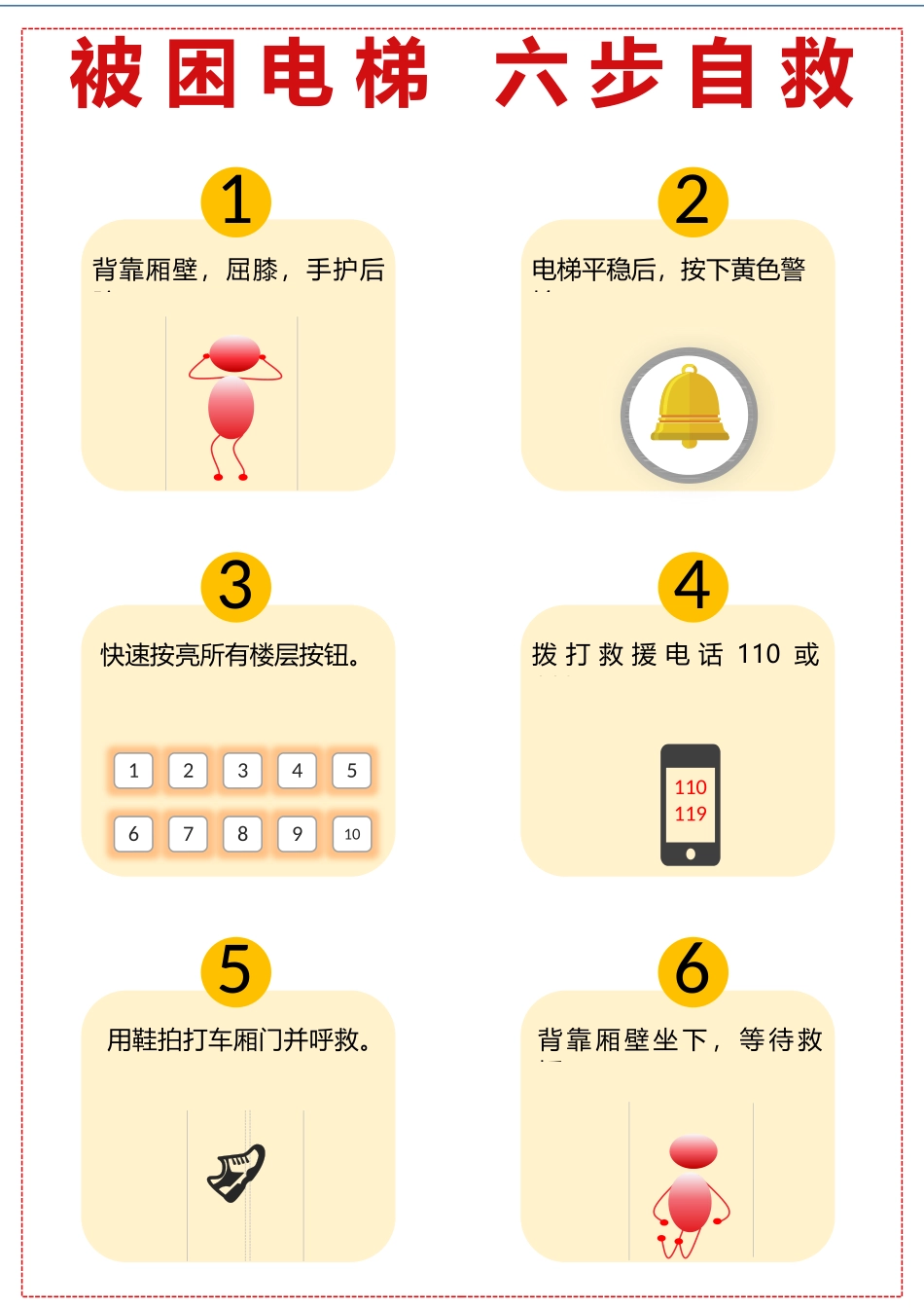 物业管理被困电梯六步自救宣传海报.docx_第1页
