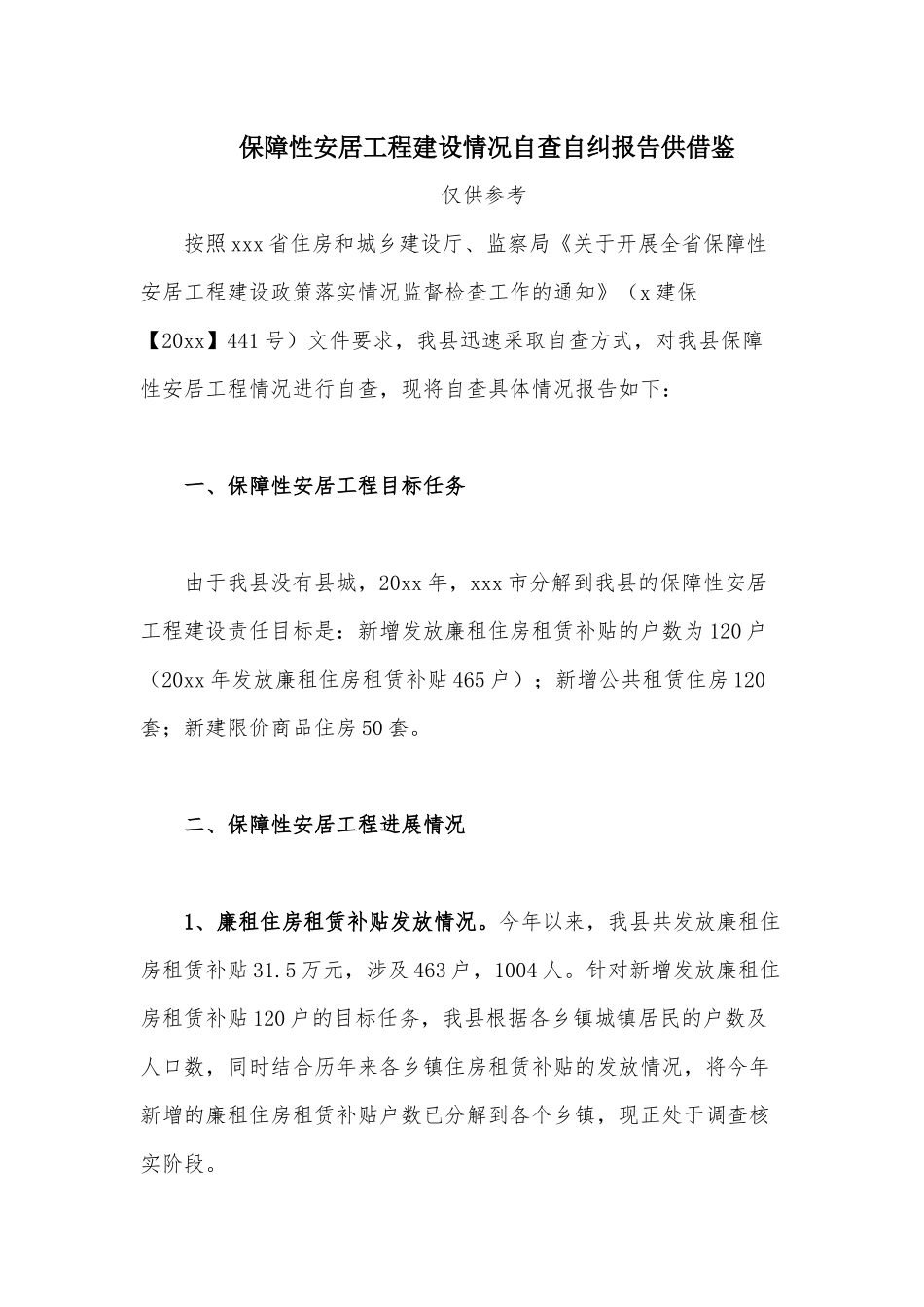 保障性安居工程建设情况自查自纠报告供借鉴.docx_第1页